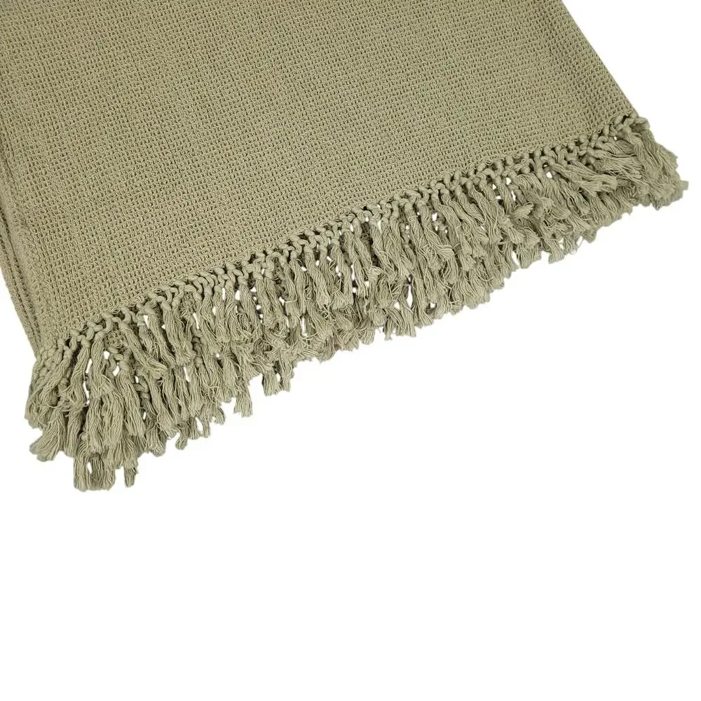 Vintage Pier 1 Imports 100% Cotton Garter Stitch Knit Throw Blanket Fringe Sage